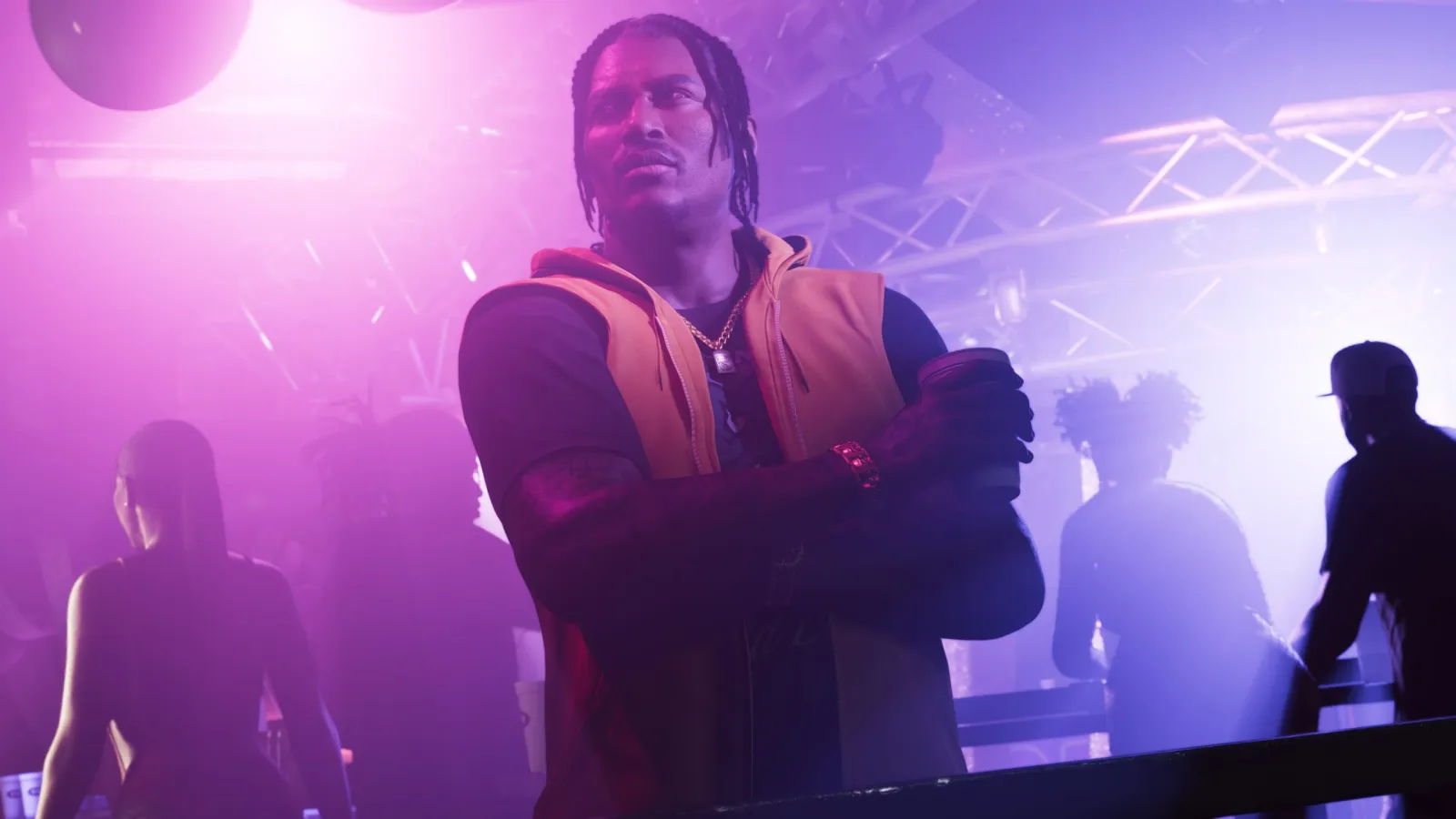 DreQuan Priest, a GTA 6 character, lit by purple stage light as a performer